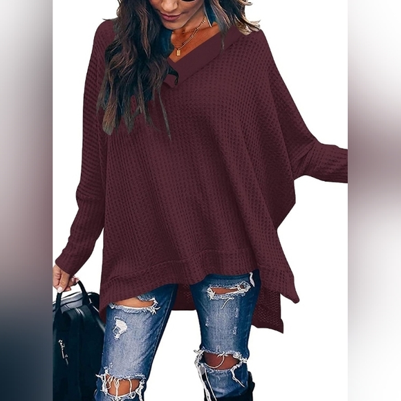 Oversized V-Neck Batwing Sleeve Waffle Knit Split Hem Tunic Maroon MSRP $39.99 - Picture 10 of 11